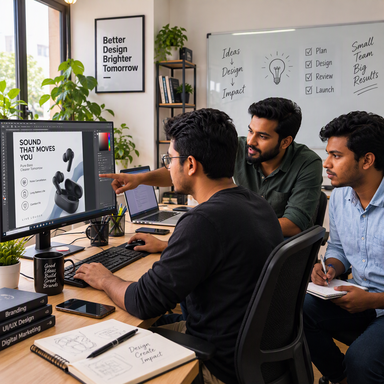Three designers reviewing a product listing design in a creative workspace