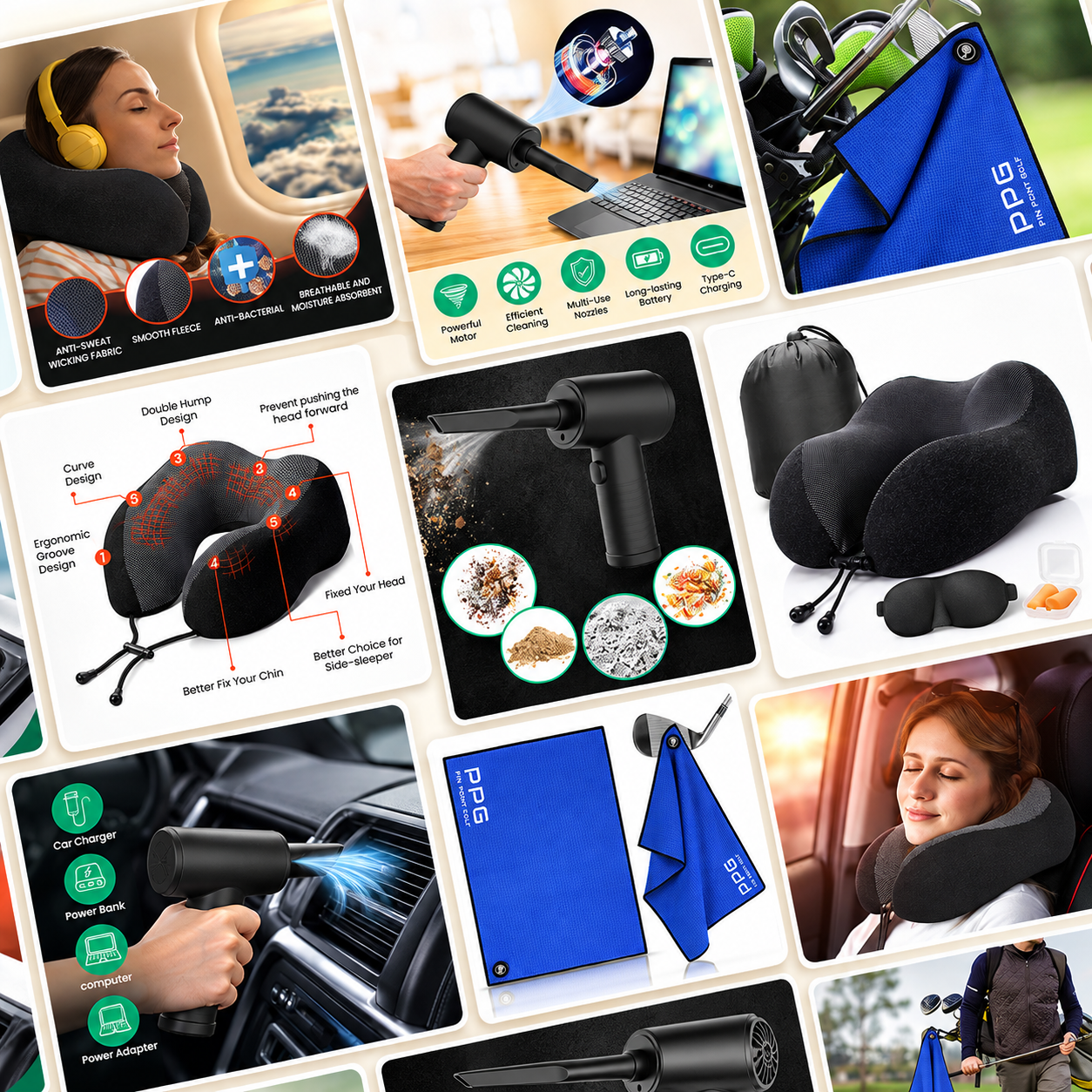 Collage of Gomal Graphics listing designs for travel pillows, cordless vacuums and golf towels